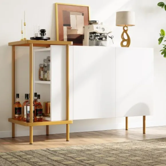 Skænk 120 cm hvid med 2 døre & 2 rum + sofabord metal/glas, 77,5 cm høj, moderne White