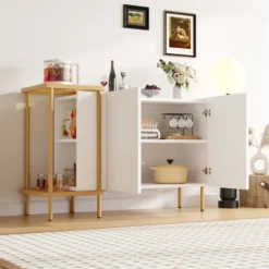 Skænk 120 cm hvid med 2 døre & 2 rum + sofabord metal/glas, 77,5 cm høj, moderne White