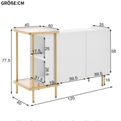 Skænk 120 cm hvid med 2 døre & 2 rum + sofabord metal/glas, 77,5 cm høj, moderne White