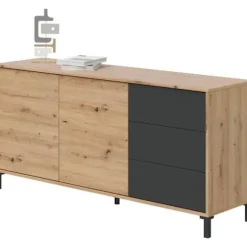 Skænk 2 låger 3 skuffer - Melamin spånplade - Eg og sort - BROOKLYN L 154 cm x D 41 cm x H 74 cm Nodi ek och antracitgrå