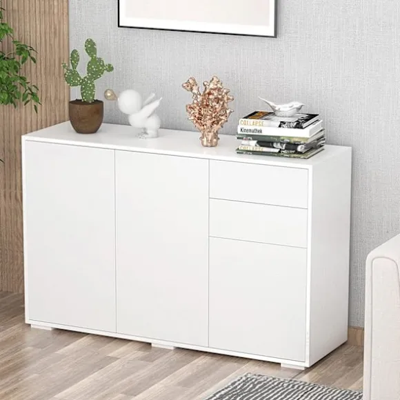 Skænk Hvid Kommode Med 2 Skuffer & 3 Låger, Multifunktionsskab, Arkivskab, 117X36X74Cm