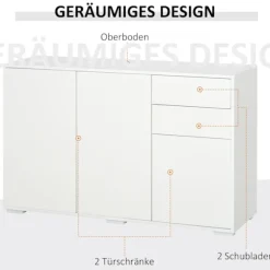 Skænk Hvid Kommode Med 2 Skuffer & 3 Låger, Multifunktionsskab, Arkivskab, 117X36X74Cm
