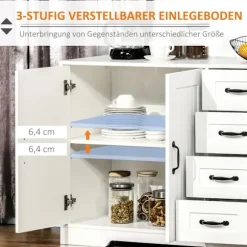 Skænk Hvidt Sideskab Med 4 Skuffer, Justerbar Hylde Og Vippebeskyttelse, Til Køkken Og Stue