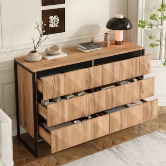 Skænk i sort og naturligt træ med metalben | Kommode med hævede låger | Opbevaringsmøbel Black + Natural