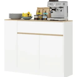Skænk, køkkenskab med skuffe, justerbar hylde, opbevaringsskab med anti-tip beskyttelse, sideskab til køkken, spisestue, 105 x 30 x 81,5 cm hvid