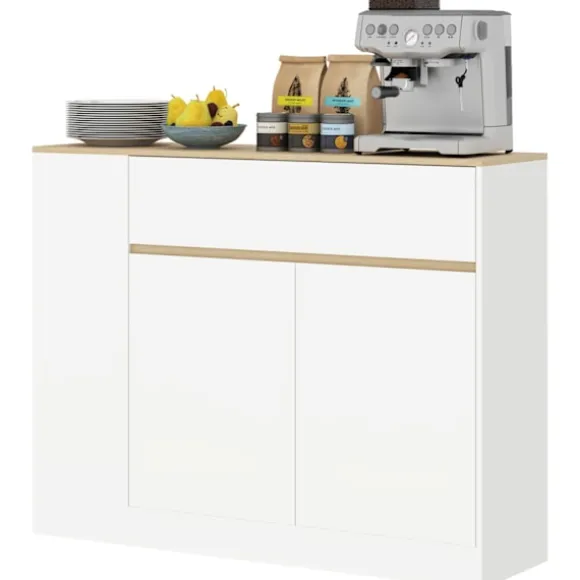 Skænk, køkkenskab med skuffe, justerbar hylde, opbevaringsskab med anti-tip beskyttelse, sideskab til køkken, spisestue, 105 x 30 x 81,5 cm hvid