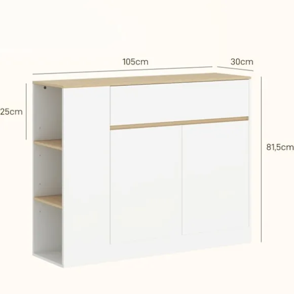 Skænk, køkkenskab med skuffe, justerbar hylde, opbevaringsskab med anti-tip beskyttelse, sideskab til køkken, spisestue, 105 x 30 x 81,5 cm hvid