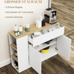 Skænk, køkkenskab med skuffe, justerbar hylde, opbevaringsskab med anti-tip beskyttelse, sideskab til køkken, spisestue, 105 x 30 x 81,5 cm hvid