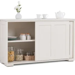 Skænk køkkenskab sideskab med skydelåger hvid/brun 106,5 x 33 x 60 cm-Beige