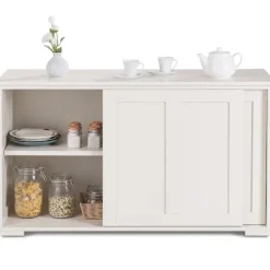 Skænk køkkenskab sideskab med skydelåger hvid/brun 106,5 x 33 x 60 cm-Beige