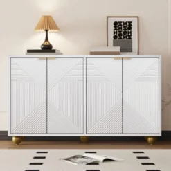 Skænk med 4 formede døre & kugleben, justerbare indvendige hylder & metalhåndtag, elegant White