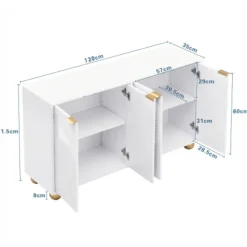 Skænk med 4 formede døre & kugleben, justerbare indvendige hylder & metalhåndtag, elegant White