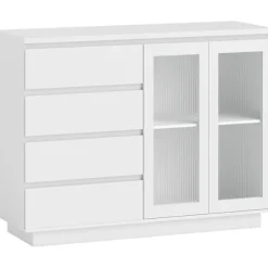 Skænk med 4 skuffer, 2 glasdøre, MDF, hvid
