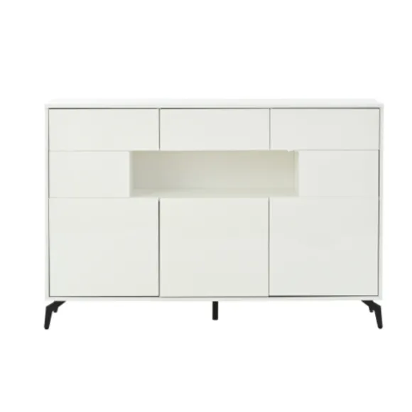 Skænk med LED-lysliste, 140x94cm, med 3 skuffer & 5 skabe, højglans hvid, 5 metalben, MDF White