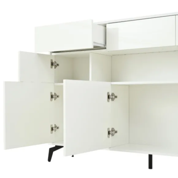 Skænk med LED-lysliste, 140x94cm, med 3 skuffer & 5 skabe, højglans hvid, 5 metalben, MDF White