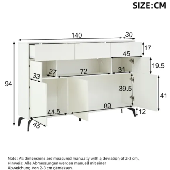 Skænk med LED-lysliste, 140x94cm, med 3 skuffer & 5 skabe, højglans hvid, 5 metalben, MDF White