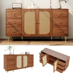 Skænk med rattan og skuffe, opbevaringsskab 160x40x90cm, til køkken og stue, brun Oak color