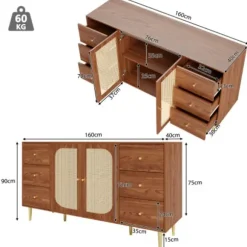 Skænk med rattan og skuffe, opbevaringsskab 160x40x90cm, til køkken og stue, brun Oak color