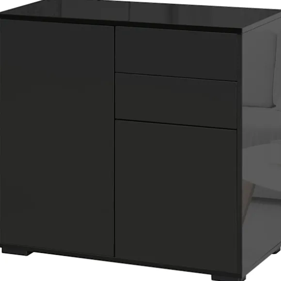 Skænk Sort Opbevaringsskab Med 2 Skuffer & 2 Døre, Vippebeskyttelse, Til Stue/Soveværelse, 117X36X74Cm