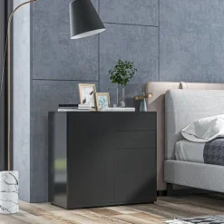Skænk Sort Opbevaringsskab Med 2 Skuffer & 2 Døre, Vippebeskyttelse, Til Stue/Soveværelse, 117X36X74Cm