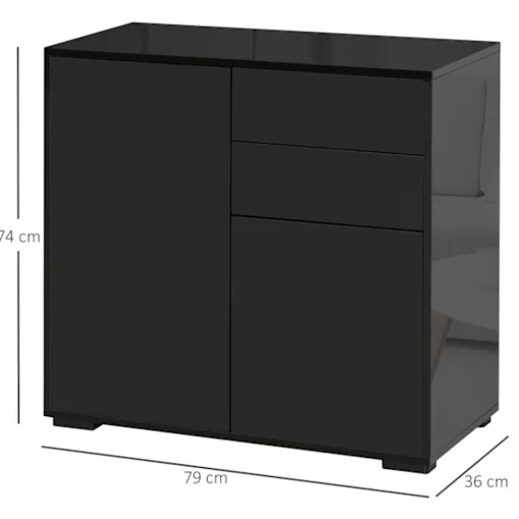 Skænk Sort Opbevaringsskab Med 2 Skuffer & 2 Døre, Vippebeskyttelse, Til Stue/Soveværelse, 117X36X74Cm