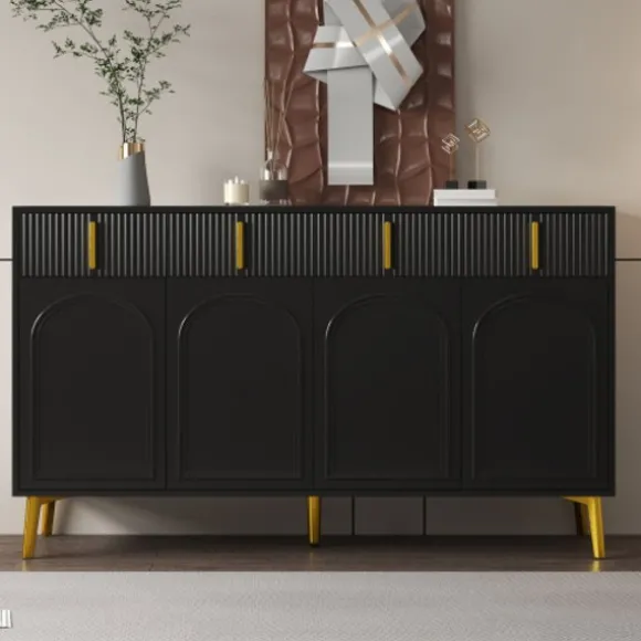 Skænk 140x82cm med guldhåndtag & ben, 4 døre og 4 skuffer, aftagelige hylder Black