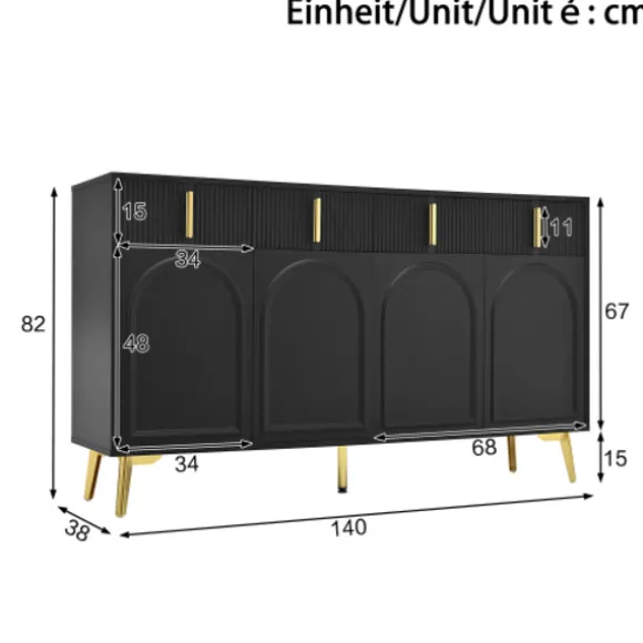 Skænk 140x82cm med guldhåndtag & ben, 4 døre og 4 skuffer, aftagelige hylder Black