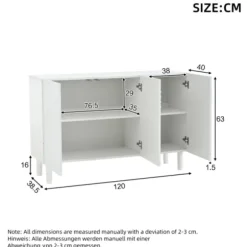 Skænk 120x38,5x79 cm med 3 døre - Justerbare rumdelere, 16 cm fødder, MDF, hvid White