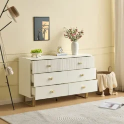 Skænk 120x40x75 cm med 6 skuffer - Hvid/Guld, MDF & stål, til stue & soveværelse White
