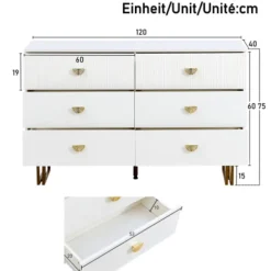 Skænk 120x40x75 cm med 6 skuffer - Hvid/Guld, MDF & stål, til stue & soveværelse White