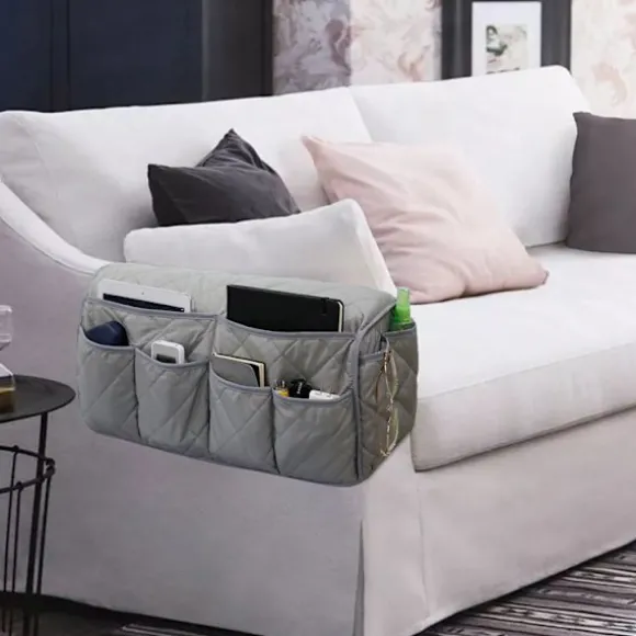 Skridsikker armlænsbeskytter med 8 lommer til sofa, lænestol Caddy & Organizer til fjernbetjening, armbeskytter til kæledyr, grå