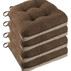 Skridsikre Stolehynder til Spisestole, Sæt med 4, 46*43*9cm Siddehynde med Bånd-FF- dark coffee