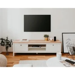2-skuffers tv-møbel - Kunsthåndværk i eg og hvid indretning - L 160 x D 45 x H 40 cm - BERGEN Vit/Hantverksek