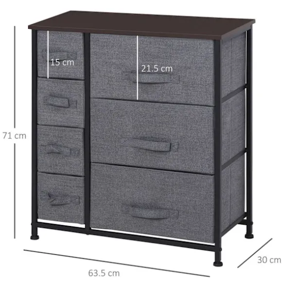 Skuffeskab Opbevaringsskab 7 Foldbare Stofskuffer Metalramme Trælook Fiberdug Grå 63,5X30X71Cm