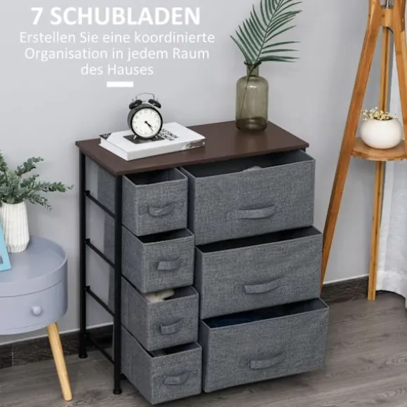 Skuffeskab Opbevaringsskab 7 Foldbare Stofskuffer Metalramme Trælook Fiberdug Grå 63,5X30X71Cm