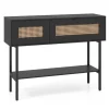 Slankt sort konsolbord med 2 hylder og rattandesign