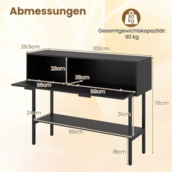 Slankt sort konsolbord med 2 hylder og rattandesign