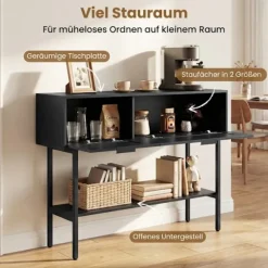 Slankt sort konsolbord med 2 hylder og rattandesign