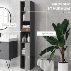 Smalt badeværelsesskab, højt toiletskab med justerbar hylde og 2 åbne rum, badeværelsesskab til små rum badeværelse, stue 30 x 30 x 183 cm grå |