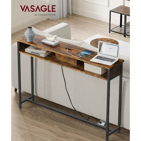 Smalt Konsolbord med Stikdåse, Sofabord, 25 X 120 X 81 Cm, Brun og Blæksort