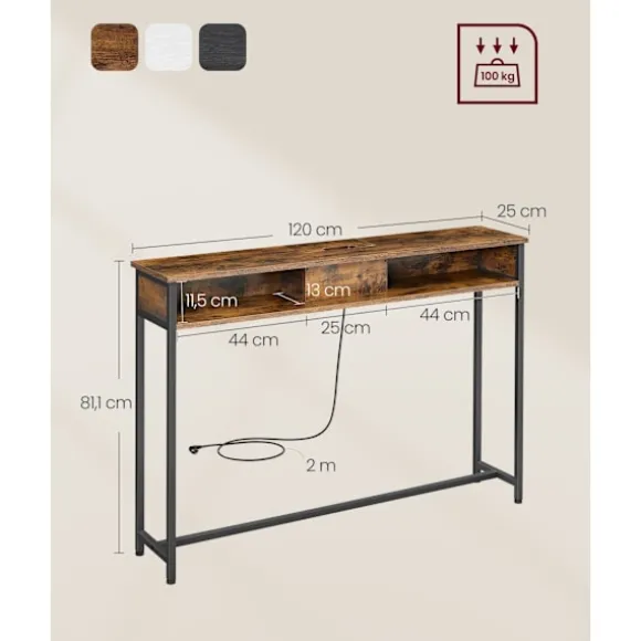 Smalt Konsolbord med Stikdåse, Sofabord, 25 X 120 X 81 Cm, Brun og Blæksort
