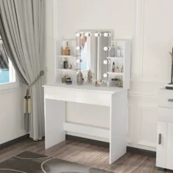 Sminkebord, LED-spejl, 2 skuffer, Hvid White
