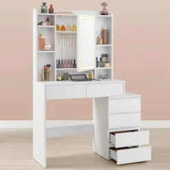 Sminkebord med LED-belysning, skuffer, skammel, justerbar lysstyrke, moderne, skyhvid
