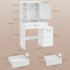 Sminkebord med LED-belysning, skuffer, skammel, justerbar lysstyrke, moderne, skyhvid