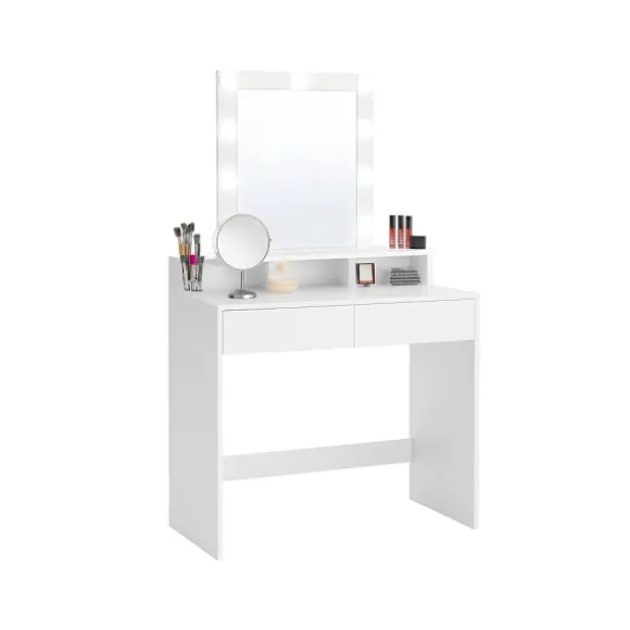 Sminkebord med LED-belysning med 2 skuffer og 3 åbne rum, moderne toiletbord, hvid