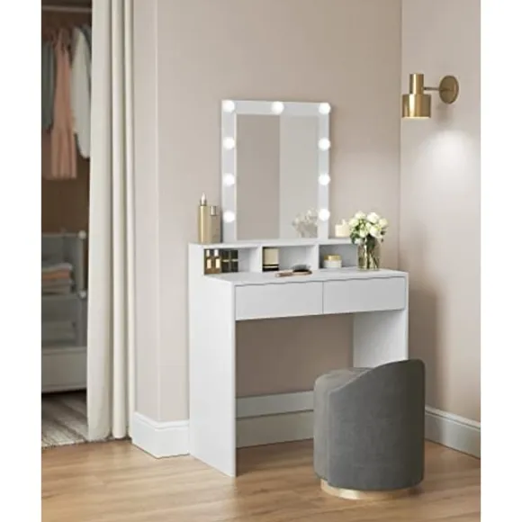 Sminkebord med LED-belysning med 2 skuffer og 3 åbne rum, moderne toiletbord, hvid