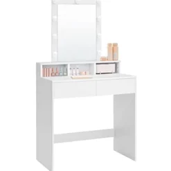 Sminkebord med LED-belysning med 2 skuffer og 3 åbne rum, moderne toiletbord, hvid