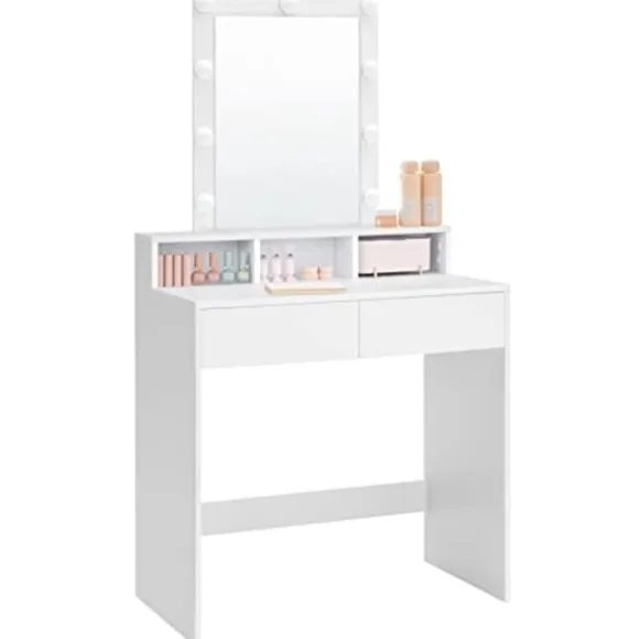 Sminkebord med LED-belysning med 2 skuffer og 3 åbne rum, moderne toiletbord, hvid