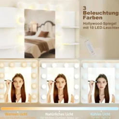 Sminkebord med LED-spejl og polstret skammel, hvid