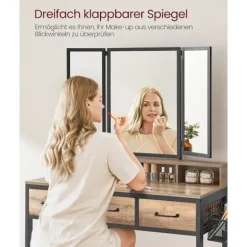 Sminkebord med Polstret Skammel, Trippel Spejl, Kosmetikbord, Industriel Stil, Egefarvet/sort